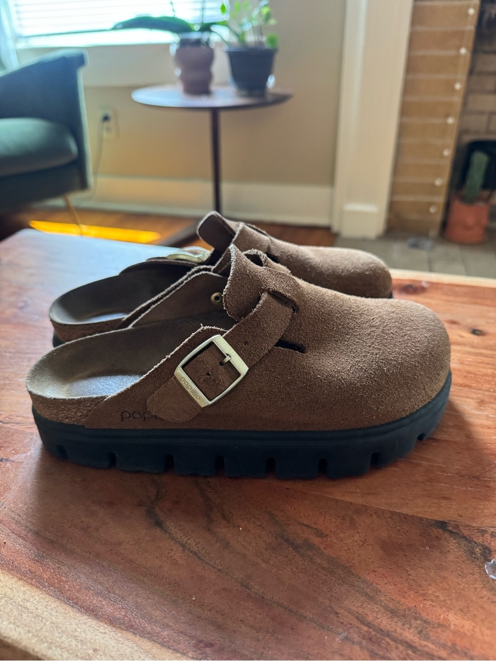 Birkenstock Brown Suede Clog Mules with Black Lug Sole - Picture 3 of 5